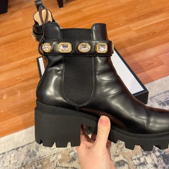 Gucci Women's Black Ankle Boots with Gold Accents - Picture 11 of 16